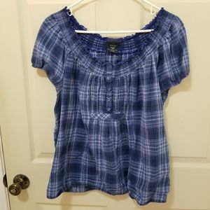 Faded Glory Blue Plaid Peasant Blouse 2X